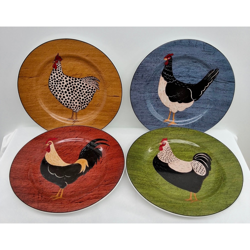 Set of 4 Vtg 1990s Warren Kimble Country Quartet Stoneware Rooster Designs